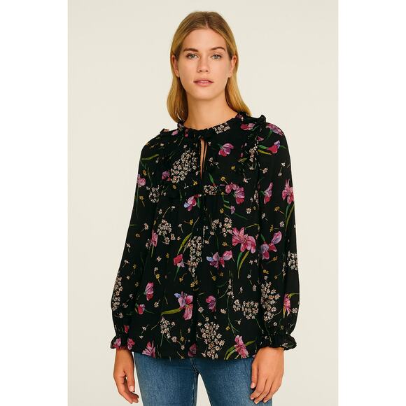 Milly of New York Black Wildflower Print Silk Peasant Style Sheer Blouse Size 6 - Picture 1 of 14